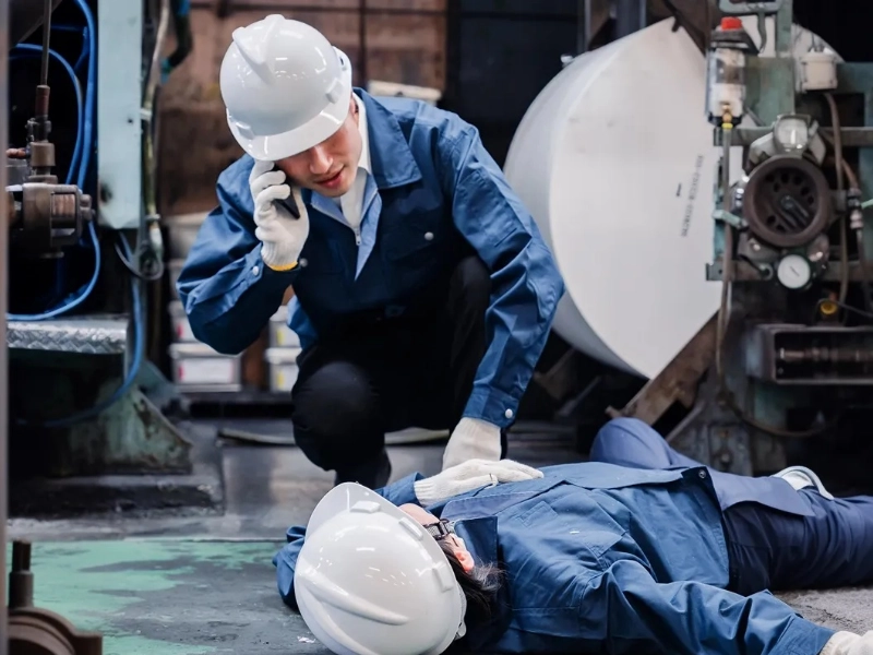 Two workers at a construction site. One is on the ground and the other is on the phone.